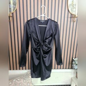 Lulu's Affluent Affair Black Satin Twist Front Bodycon Dress